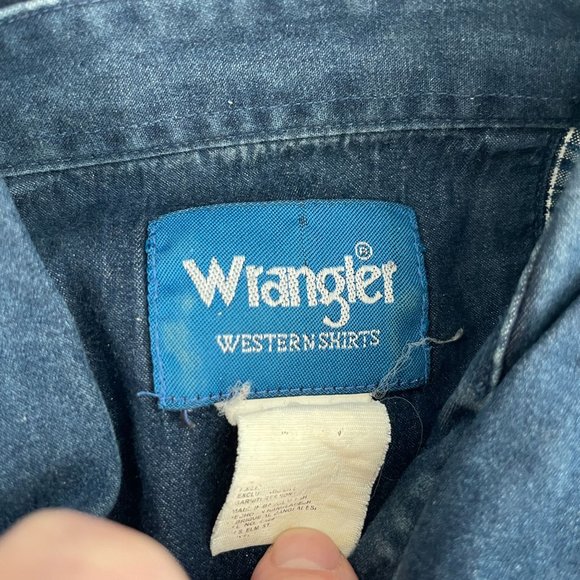 VTG Wrangler Blue Plaid Denim lined Pearl Snap Button Up Shirt, Size L - Picture 3 of 6